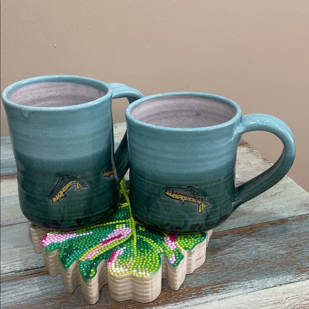 Set Montana Earth Pottery Western Fishing Hand Thrown Mugs Cottagecore Western